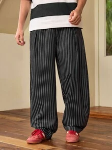 Whitmere Men's Spring/Autumn Vertical Striped Casual Pants, Elastic Waist Wide Leg Straight Long Pants, Commuter Versatile Loose Fit - Navy Blue - View 1