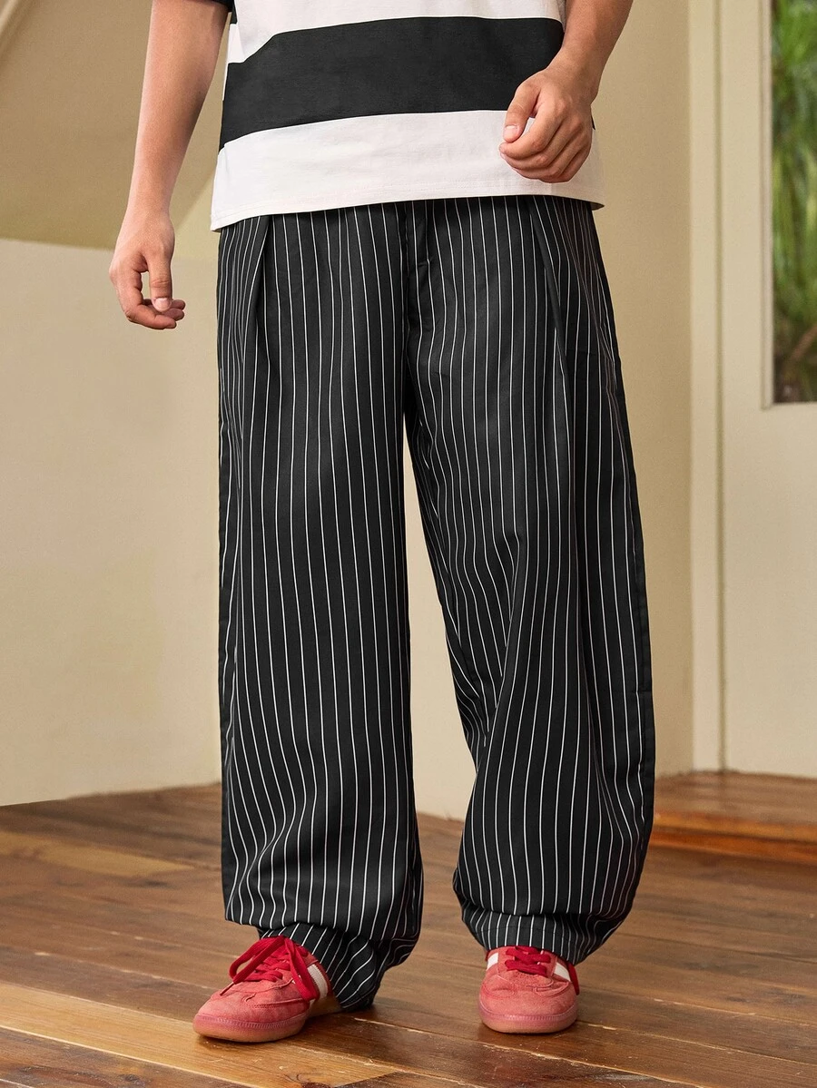 Whitmere Men's Spring/Autumn Vertical Striped Casual Pants, Elastic Waist Wide Leg Straight Long Pants, Commuter Versatile Loose Fit - Navy Blue - View 1