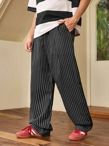 Whitmere Men's Spring/Autumn Vertical Striped Casual Pants, Elastic Waist Wide Leg Straight Long Pants, Commuter Versatile Loose Fit - Navy Blue - View 4