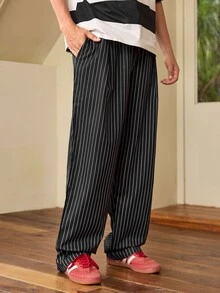 Whitmere Men's Spring/Autumn Vertical Striped Casual Pants, Elastic Waist Wide Leg Straight Long Pants, Commuter Versatile Loose Fit - Navy Blue - View 5