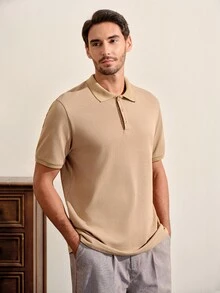 VeloEdit Men's High Cotton Content Soft And Comfortable Khaki Button Half-Placket Short Sleeve Polo Shirt Birthday Office Vacation Workout Summer Casual Modest - Khaki - View 4