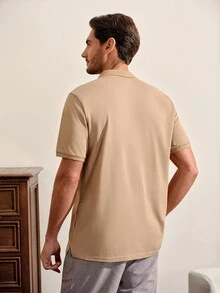 VeloEdit Men's High Cotton Content Soft And Comfortable Khaki Button Half-Placket Short Sleeve Polo Shirt Birthday Office Vacation Workout Summer Casual Modest - Khaki - View 3