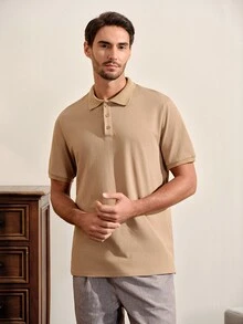 VeloEdit Men's High Cotton Content Soft And Comfortable Khaki Button Half-Placket Short Sleeve Polo Shirt Birthday Office Vacation Workout Summer Casual Modest - Khaki - View 5