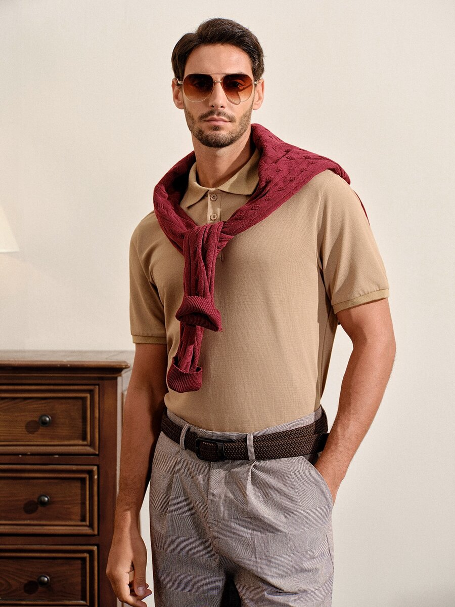 VeloEdit Men's High Cotton Content Soft And Comfortable Khaki Button Half-Placket Short Sleeve Polo Shirt Birthday Office Vacation Workout Summer Casual Modest - Khaki - View 1