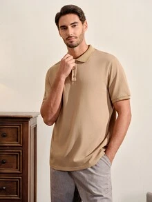VeloEdit Men's High Cotton Content Soft And Comfortable Khaki Button Half-Placket Short Sleeve Polo Shirt Birthday Office Vacation Workout Summer Casual Modest - Khaki - View 6