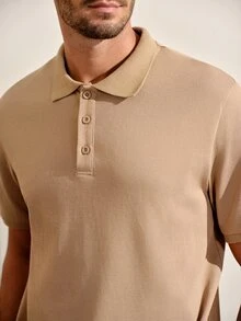 VeloEdit Men's High Cotton Content Soft And Comfortable Khaki Button Half-Placket Short Sleeve Polo Shirt Birthday Office Vacation Workout Summer Casual Modest - Khaki - View 7