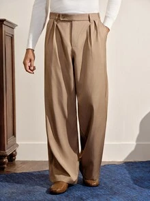 VeloEdit Men's Grey Heather Old Money Style Wide Leg Straight Trousers, Mature Business Casual Slacks - Brown - View 1