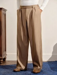 VeloEdit Men's Grey Heather Old Money Style Wide Leg Straight Trousers, Mature Business Casual Slacks - Brown - View 6