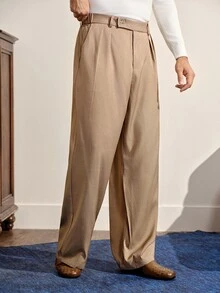 VeloEdit Men's Grey Heather Old Money Style Wide Leg Straight Trousers, Mature Business Casual Slacks - Brown - View 4