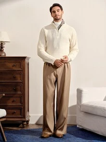 VeloEdit Men's Grey Heather Old Money Style Wide Leg Straight Trousers, Mature Business Casual Slacks - Brown - View 8
