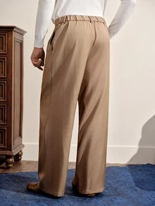VeloEdit Men's Grey Heather Old Money Style Wide Leg Straight Trousers, Mature Business Casual Slacks - Brown - View 3