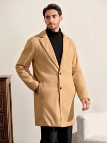 VeloEdit 男士純色鈕扣式長袖黑色大衣，秋冬款 - 卡其色 - 查看 7