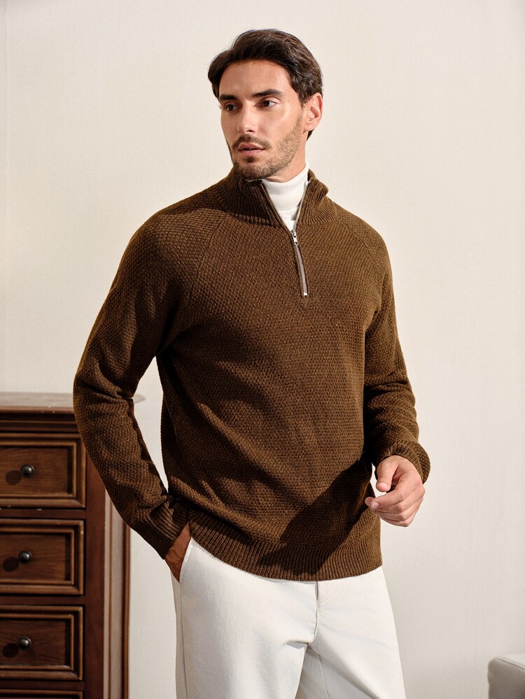 VeloEdit Men's Solid Color Crew Neck Casual Versatile Daily Wear Long Sleeve Sweater - Dark Brown - View 5