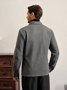 VeloEdit Men's Solid Color Long Sleeve Utility Pocket Single-Breasted Casual Overcoat - Dark Grey - View 3