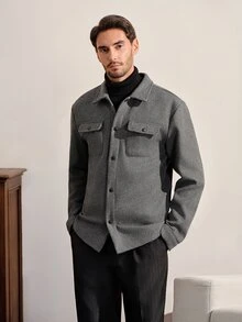 VeloEdit Men's Solid Color Long Sleeve Utility Pocket Single-Breasted Casual Overcoat - Dark Grey - View 5