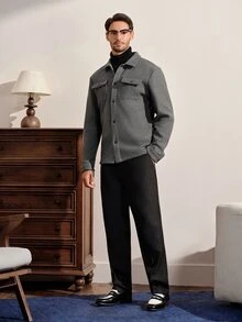VeloEdit Men's Solid Color Long Sleeve Utility Pocket Single-Breasted Casual Overcoat - Dark Grey - View 7