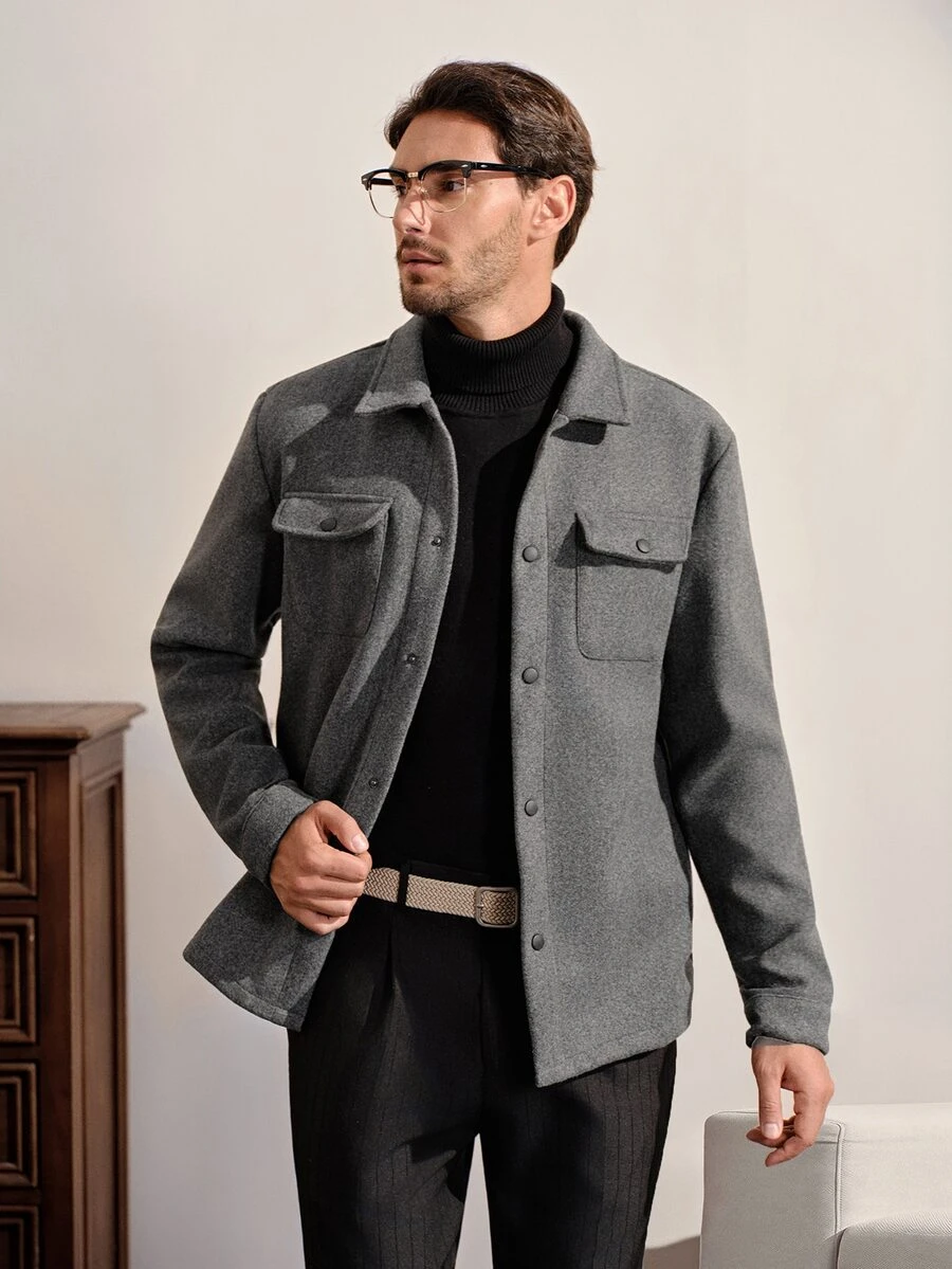 VeloEdit Men's Solid Color Long Sleeve Utility Pocket Single-Breasted Casual Overcoat - Dark Grey - View 1