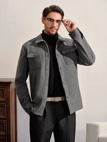 VeloEdit Men's Solid Color Long Sleeve Utility Pocket Single-Breasted Casual Overcoat - Dark Grey - View 4