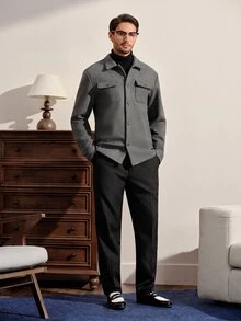 VeloEdit Men's Solid Color Long Sleeve Utility Pocket Single-Breasted Casual Overcoat - Dark Grey - View 2