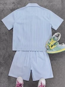 Manfinity Roghcode Men's Letter Striped Short Sleeve Shirt And Drawstring Waist Shorts Casual Set - Blue - View 2