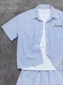Manfinity Roghcode Men's Letter Striped Short Sleeve Shirt And Drawstring Waist Shorts Casual Set - Blue - View 3