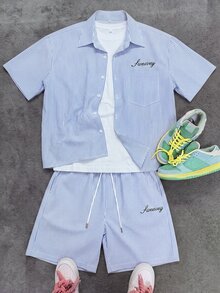 Manfinity Roghcode Men's Letter Striped Short Sleeve Shirt And Drawstring Waist Shorts Casual Set - Blue - View 1