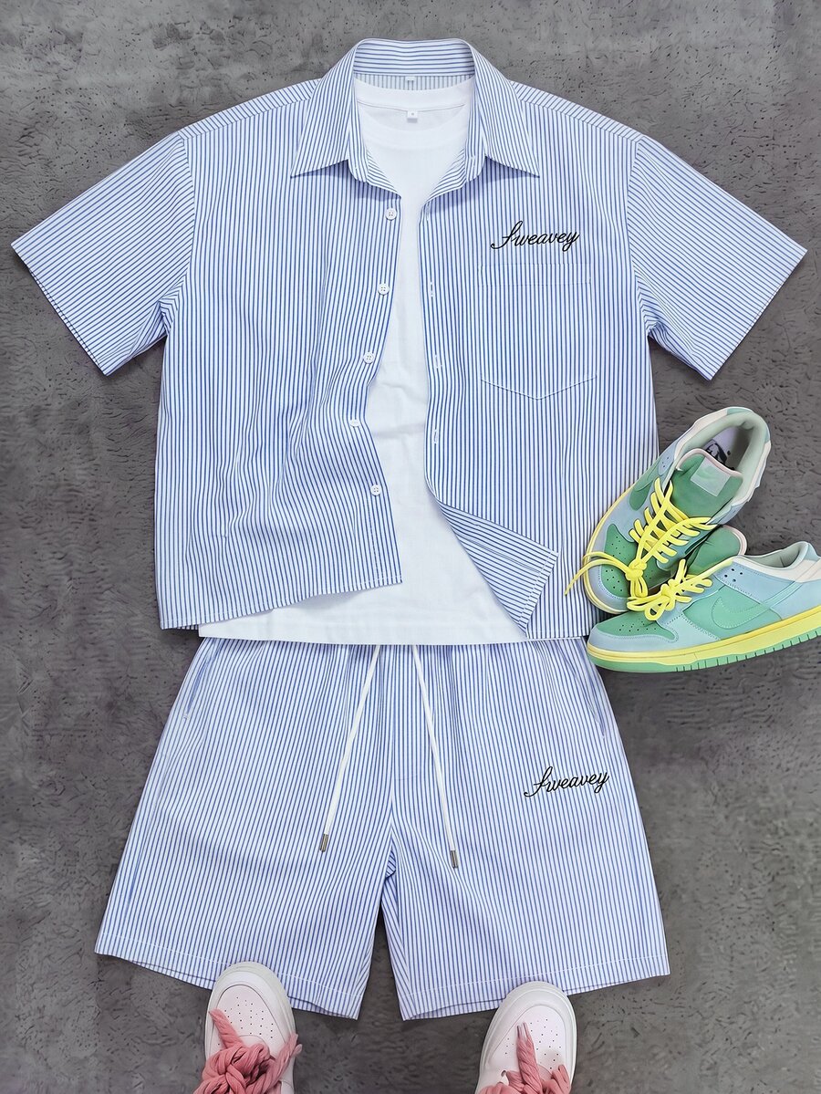 Manfinity Roghcode Men's Letter Striped Short Sleeve Shirt And Drawstring Waist Shorts Casual Set - Blue - View 1