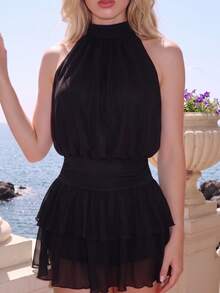 Turnttoni Women's Sexy & Elegant Halter Neck Ruched Flounce Hem Mini Dress,Summer Dresses For Women Black - Black - View 3