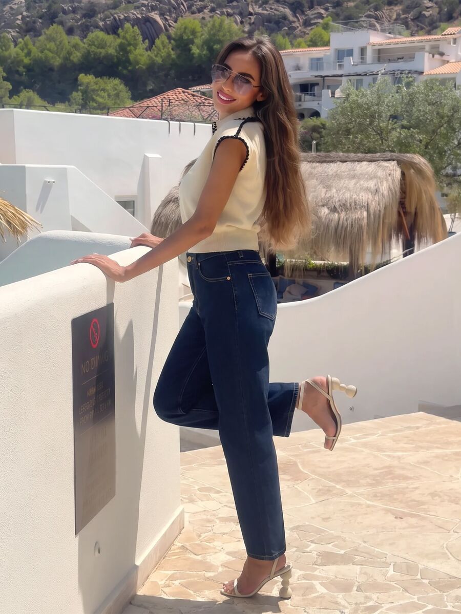 Alya Khalil Women's Pocket Straight Loose Casual Versatile Jeans, Old Money, Business Casual Woman Fall - Dark Wash - View 1