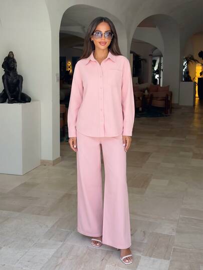 Alya Khalil Women's Collared Long Sleeve Shirt And Loose Straight Leg Pants Vacation Style Pink Denim Set, Tall Women Casual