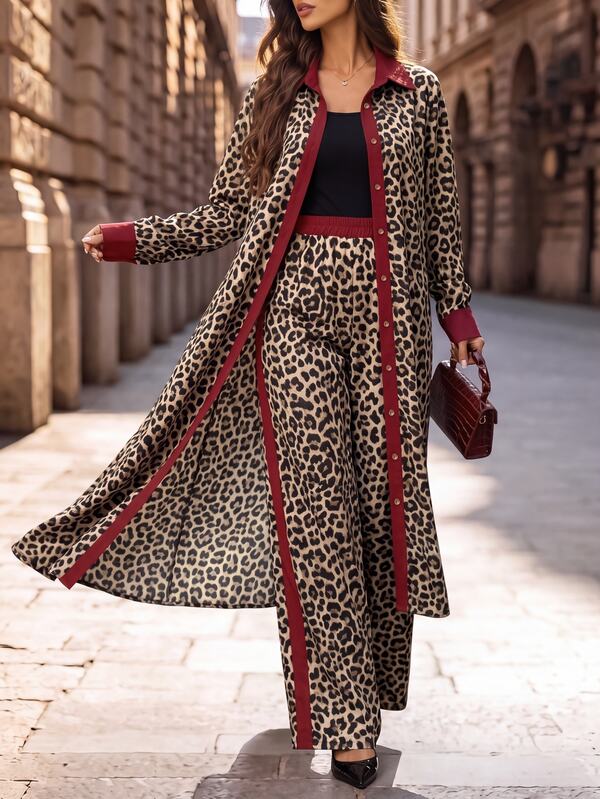 Editum Women's Leopard Print Colorblock Long Robe And Pants Casual Daily Casual 2 Pieces Set Resort Office Outfits Halloween Christmas New Year  80s Outfits