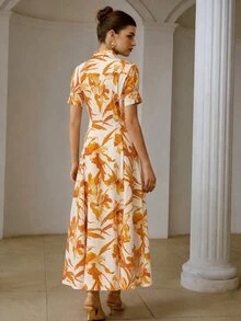 ZEYLAH Shirt-Style Cinched Waist A-Line Short Sleeve Dress - Orange - View 5