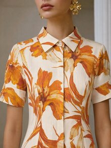 ZEYLAH Shirt-Style Cinched Waist A-Line Short Sleeve Dress - Orange - View 2