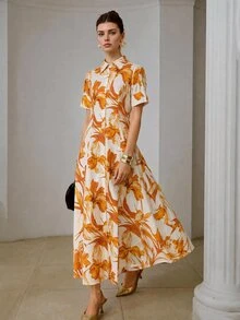 ZEYLAH Shirt-Style Cinched Waist A-Line Short Sleeve Dress - Orange - View 3
