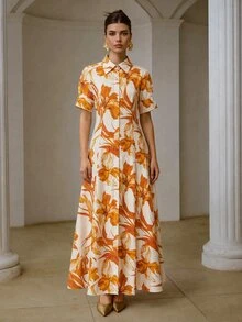 ZEYLAH Shirt-Style Cinched Waist A-Line Short Sleeve Dress - Orange - View 4