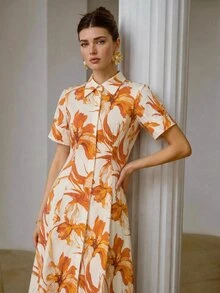 ZEYLAH Shirt-Style Cinched Waist A-Line Short Sleeve Dress - Orange - View 6