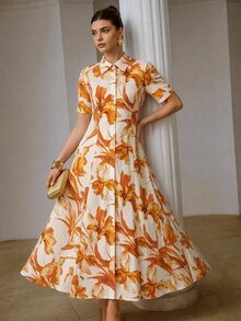 ZEYLAH Shirt-Style Cinched Waist A-Line Short Sleeve Dress - Orange - View 1