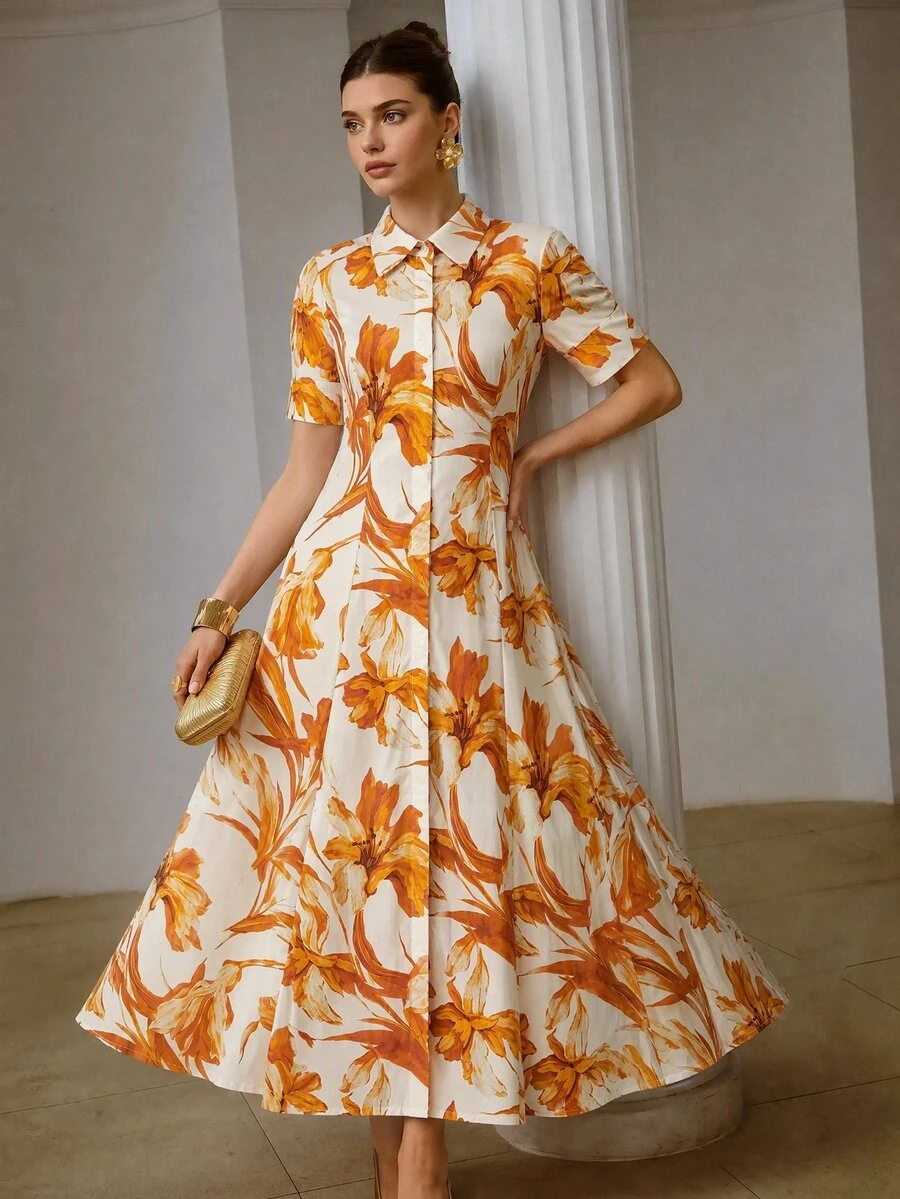 ZEYLAH Shirt-Style Cinched Waist A-Line Short Sleeve Dress - Orange - View 1