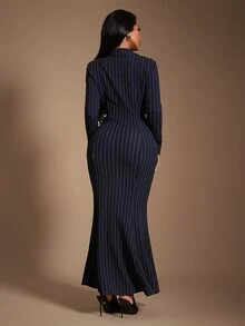 Radiana 女款優雅性感海軍藍白條紋洋裝，秋季翻領長袖修身魚尾套裝裙，附肩墊，適合日場派對、夜晚、辦公室 - 藏蓝色 - 查看 2