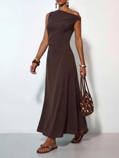 Zivah New Summer Casual Vacation Commute Brown Linen Fabric One-Shoulder Pleated A-Line Maxi Dress, Suitable For Daily Wear, Vacation, Music Festival, Travel, Beach, Party, Airport Outfit, Brunch Outfit, Bohemian Style, Nomad Style, Casual, Commute, Graduation Ceremony Outfit, Country Music Concert Outfit, Business-Z