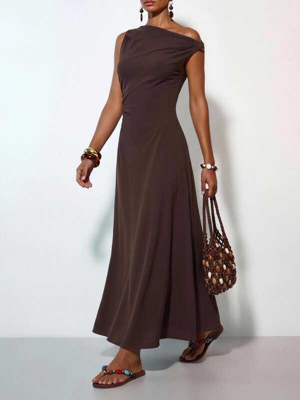 Zivah New Summer Casual Vacation Commute Brown Linen Fabric One-Shoulder Pleated A-Line Maxi Dress, Suitable For Daily Wear, Vacation, Music Festival, Travel, Beach, Party, Airport Outfit, Brunch Outfit, Bohemian Style, Nomad Style, Casual, Commute, Graduation Ceremony Outfit, Country Music Concert Outfit, Business-Z