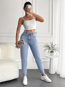 EURMUSE Solid Color Women's Denim Jeans - Baby Blue - View 3