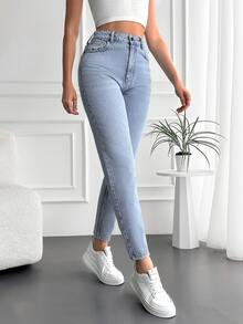 RueChic High Waist Mom Fit Jeans - Blue - View 3