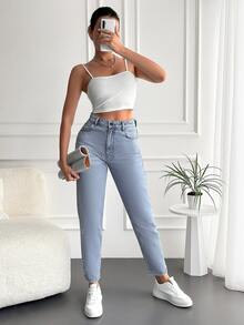 RueChic High Waist Mom Fit Jeans - Blue - View 4