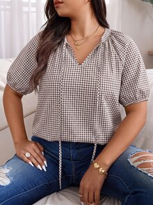 SHEIN LUNE Damen-Bluse in großen Größen für Frühling/Sommer mit französischem Karomuster, kurzen gerafften Laternenärmeln mit Kordelzug und V-Ausschnitt, romantisch-französischer lässiger Mode, vielseitig und klassisch - Braun - Übersicht 2
