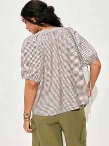 SHEIN LUNE Damen-Bluse in großen Größen für Frühling/Sommer mit französischem Karomuster, kurzen gerafften Laternenärmeln mit Kordelzug und V-Ausschnitt, romantisch-französischer lässiger Mode, vielseitig und klassisch - Braun - Übersicht 4