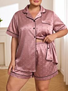 SHEIN CURVE+ 大尺碼女款拼色短袖上衣與短褲休閒日常兩件套 - 藕粉色 - 查看 1