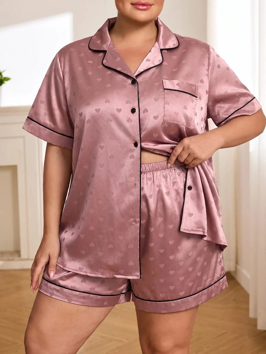 SHEIN CURVE+ 大尺碼女款拼色短袖上衣與短褲休閒日常兩件套 - 藕粉色 - 查看 1
