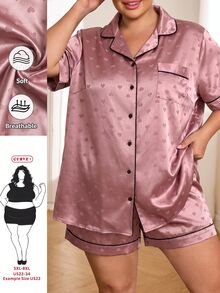 SHEIN CURVE+ 大尺碼女款拼色短袖上衣與短褲休閒日常兩件套 - 藕粉色 - 查看 5