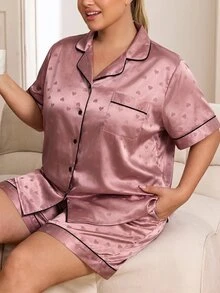 SHEIN CURVE+ 大尺碼女款拼色短袖上衣與短褲休閒日常兩件套 - 藕粉色 - 查看 7